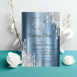 Silver Glitter Drips Blue Metallic 30th Birthday  Invitation