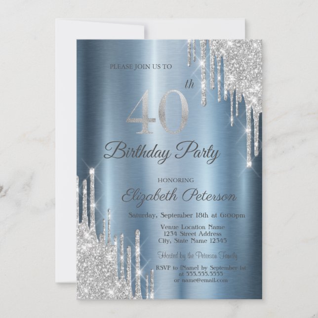 Silver Glitter Drips Blue Metallic 40th Birthday  Invitation (Front)