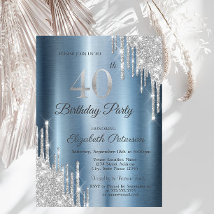 Silver Glitter Drips Blue Metallic 40th Birthday  Invitation