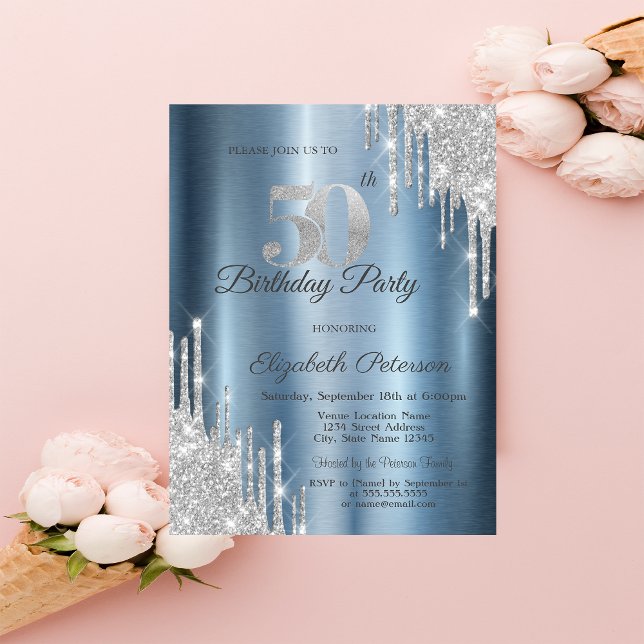 Silver Glitter Drips Blue Metallic 50th Birthday  Invitation (Creator Uploaded)