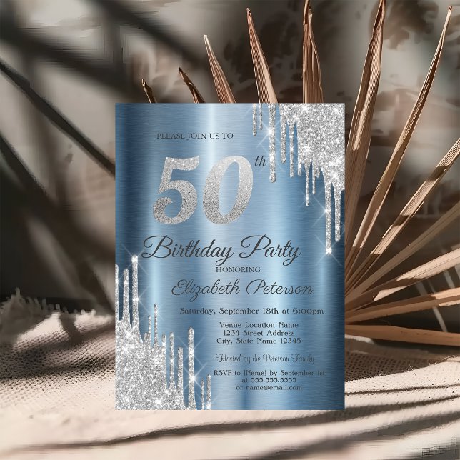 Silver Glitter Drips Blue Metallic 50th Birthday Invitation (Creator Uploaded)