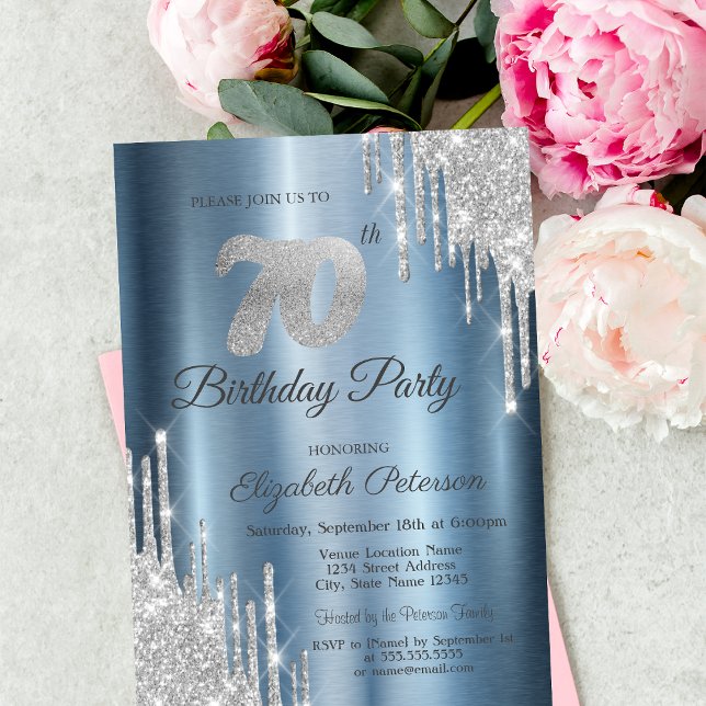 Silver Glitter Drips Blue Metallic 70th Birthday  Invitation (Creator Uploaded)