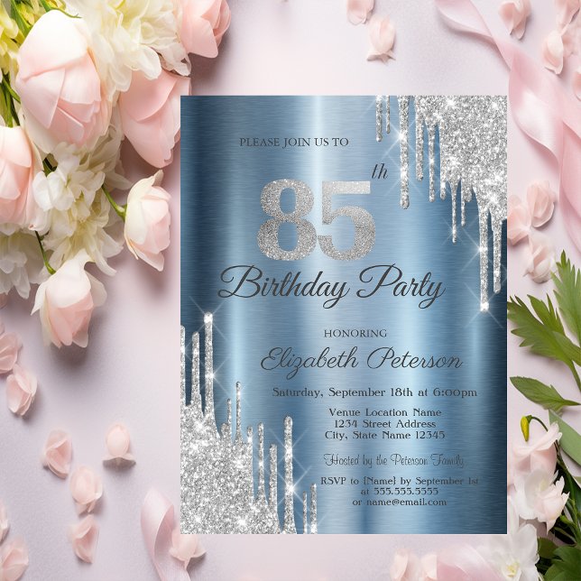 Silver Glitter Drips Blue Metallic 85th Birthday  Invitation (Creator Uploaded)