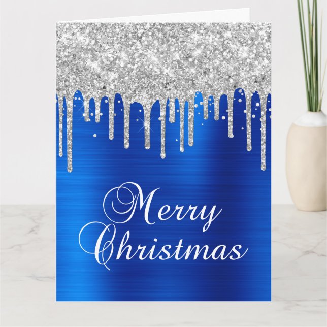 Silver Glitter Drips Blue Metallic Merry Christmas Card (Front)