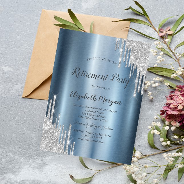 Silver Glitter Drips Blue Metallic Retirement  Invitation (Creator Uploaded)