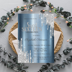 Silver Glitter Drips Blue Metallic Sweet 16 Invitation