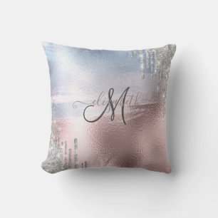 Silver Glitter Drips Blue Rose Gold Metallic Cushion
