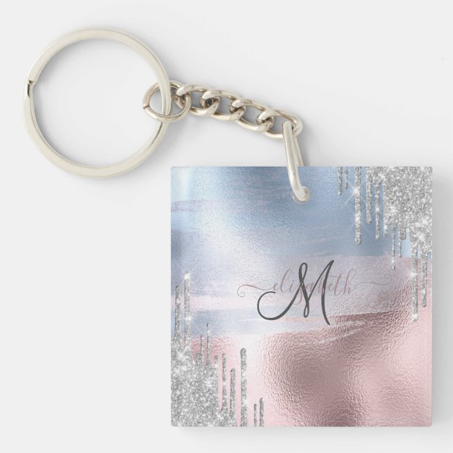 Silver Glitter Drips Blue Rose Gold Metallic  Key Ring (Front)