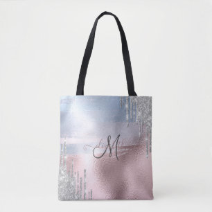 Silver Glitter Drips Blue Rose Gold Metallic  Tote Bag