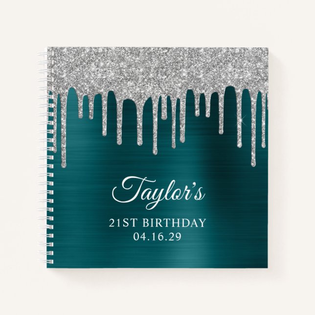 Silver Glitter Drips Blue Teal 21st Birthday Notebook (Front)
