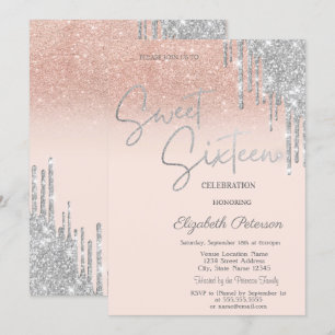 Silver Glitter Drips Blush Pink Sweet 16  Invitation
