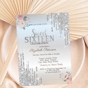 Silver Glitter Drips Boho Roses Silver Sweet 16 Invitation