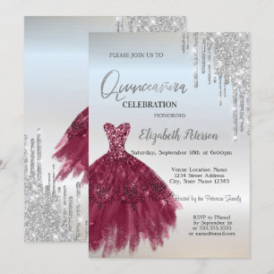 Silver Glitter Drips,Burgundy Dress Quinceañera Invitation