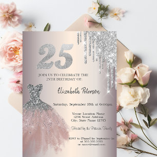 Silver Glitter Drips,Chic Dress 25th Birthday Invitation