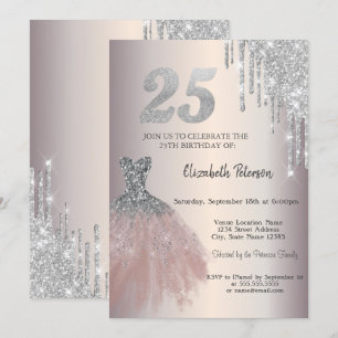 Silver Glitter Drips,Chic Dress 25th Birthday  Invitation