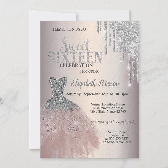 Silver Glitter Drips,Chic Dress Sweet 16   Invitation (Front)