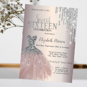 Silver Glitter Drips,Chic Dress Sweet 16 Invitation