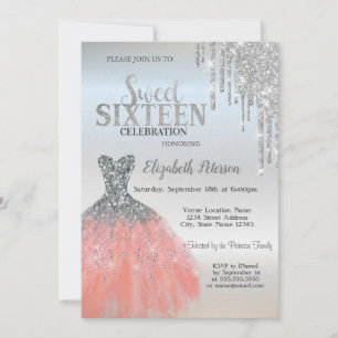 Silver Glitter Drips,Cool Dress Silver Sweet 16 Invitation