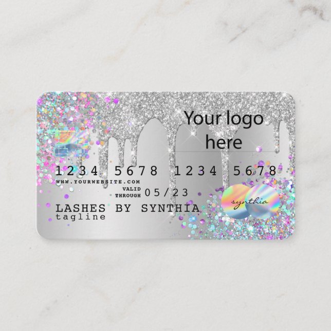 Silver glitter drips Credit Card hologram add logo (Front)