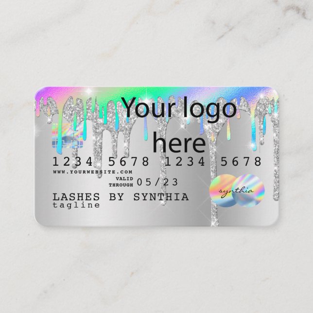 Silver glitter drips Credit Card hologram add logo (Front)