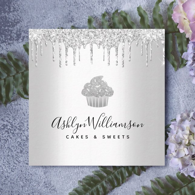 Silver Glitter Drips Cupcake Pastry Bakery Chef Square Business Card (Creator Uploaded)