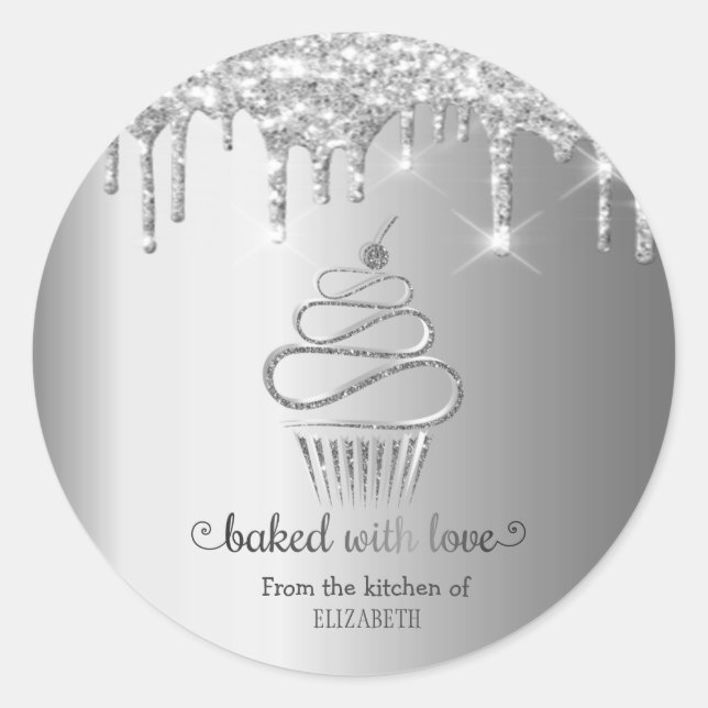 Silver Glitter Drips Cupcakes Kitchen Classic Round Sticker (Front)