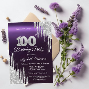 Silver Glitter Drips Dark Purple 100th Birthday   Invitation