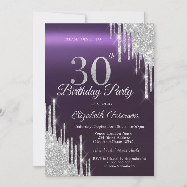 Silver Glitter Drips Dark Purple 30th Birthday   Invitation (Front)