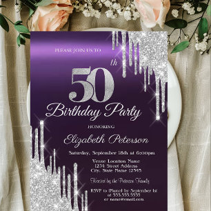 Silver Glitter Drips Dark Purple 50th Birthday Invitation