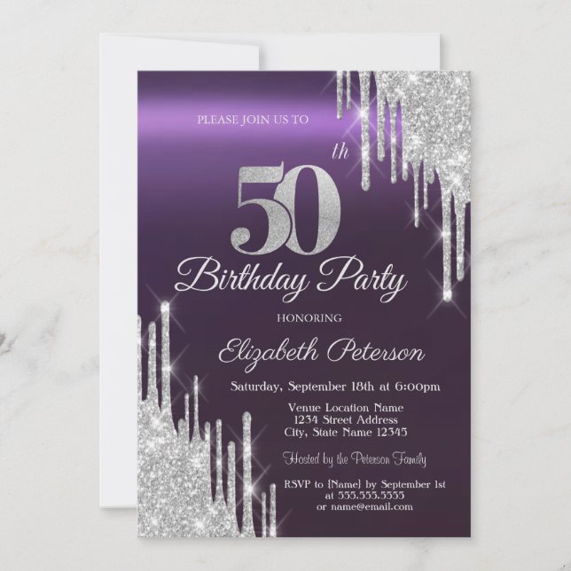 Silver Glitter Drips Dark Purple 50th Birthday   Invitation (Front)