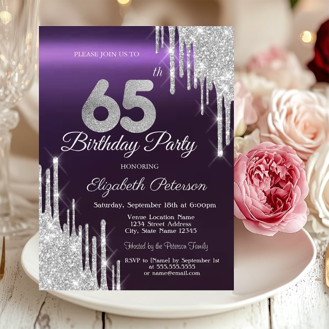 Silver Glitter Drips Dark Purple 65th Birthday   Invitation (Creator Uploaded)