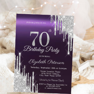 Silver Glitter Drips Dark Purple 70th Birthday Invitation