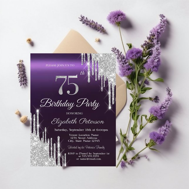 Silver Glitter Drips Dark Purple 75th Birthday   Invitation (Creator Uploaded)