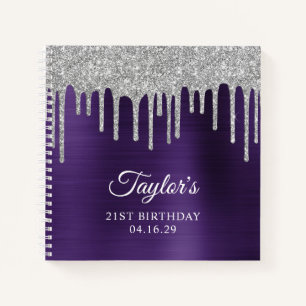 Silver Glitter Drips Dark Violet 21st Birthday Notebook