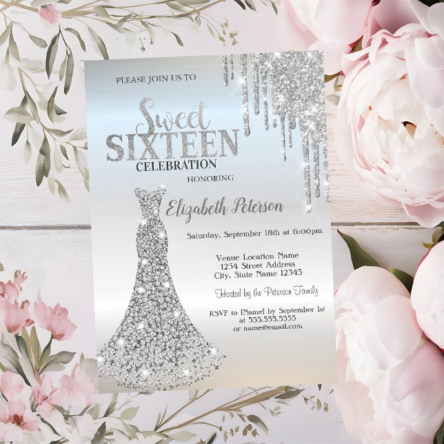 Silver Glitter Drips,Diamonds Dress Sweet 16   Invitation (Creator Uploaded)
