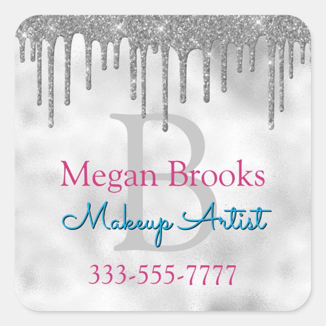Silver Glitter Drips, DIY Name, Monogram Title Square Sticker (Front)