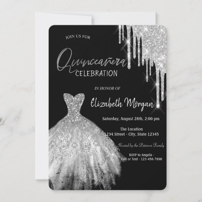 Silver Glitter Drips Dress Black Quinceañera Invitation (Front)