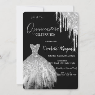 Silver Glitter Drips Dress Black Quinceañera Invitation