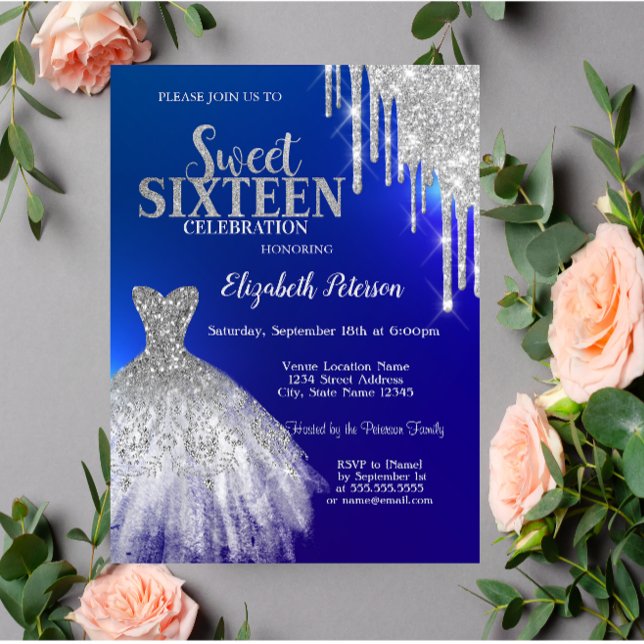 Silver Glitter Drips,Dress Blue Sweet 16  Invitation (Creator Uploaded)