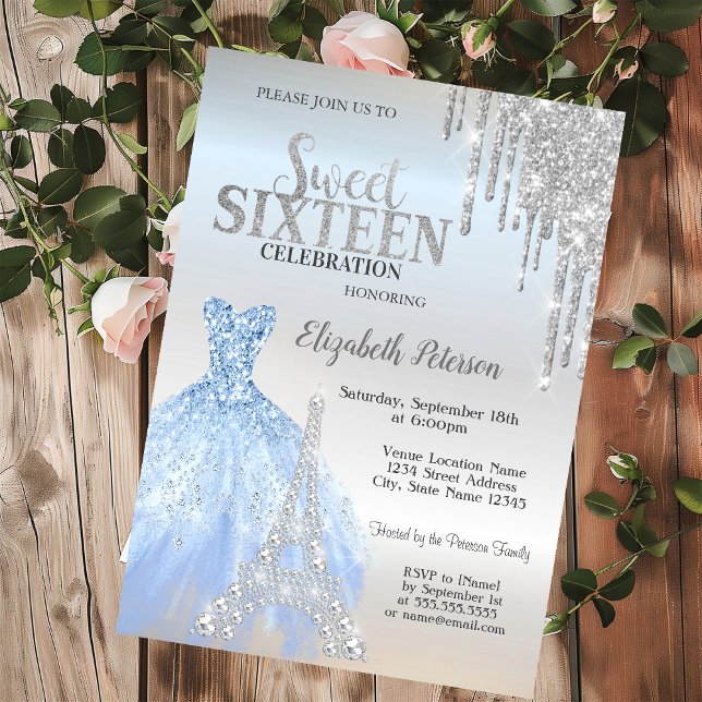 Silver Glitter Drips,Dress,Eiffel Tower Sweet 16   Invitation (Creator Uploaded)