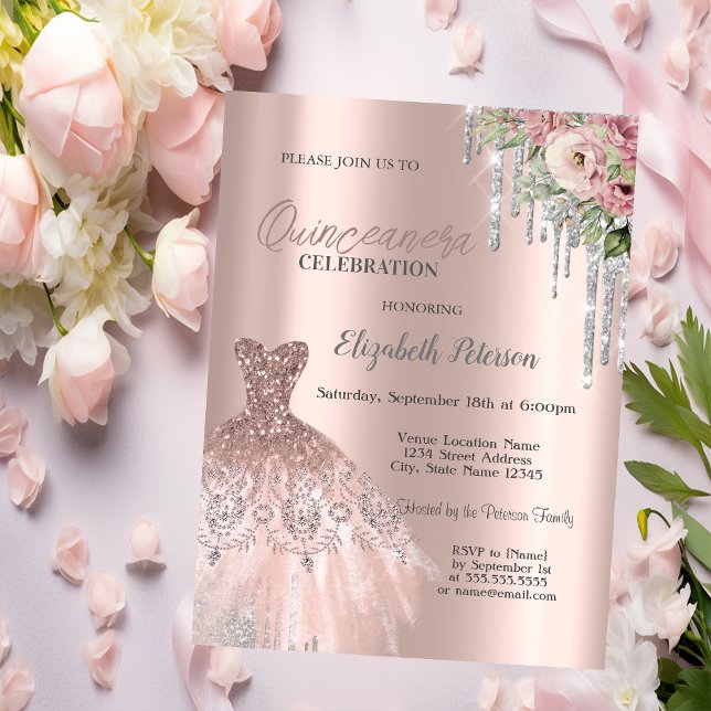 Silver Glitter Drips,Dress Flowers Quinceanera Invitation (Creator Uploaded)