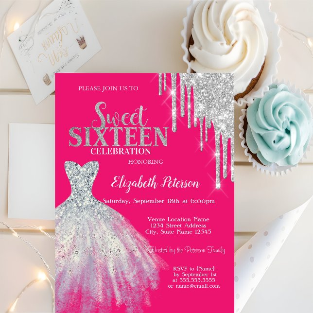 Silver Glitter Drips,Dress  Neon Pink Sweet 16 Invitation (Creator Uploaded)