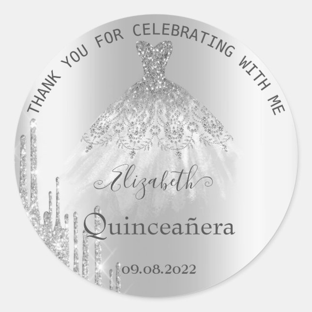 Silver Glitter Drips Dress Quinceañera Classic Round Sticker (Front)