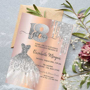 Silver Glitter Drips Dress Rose Gold 18th Birthday Invitation