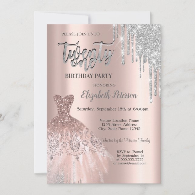 Silver Glitter Drips,Dress Rose Gold 21st Birthday Invitation (Front)