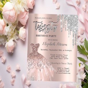 Silver Glitter Drips,Dress Rose Gold 21st Birthday Invitation