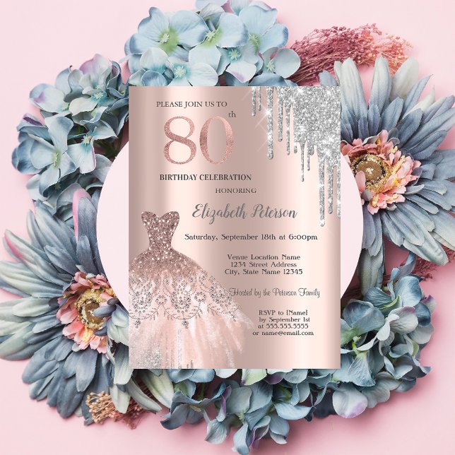 Silver Glitter Drips,Dress Rose Gold 80th Birthday Invitation (Creator Uploaded)