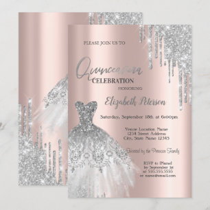 Silver Glitter Drips,Dress Rose Gold Quinceañera Invitation