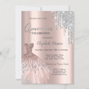 Silver Glitter Drips,Dress Rose Gold  Quinceañera Invitation