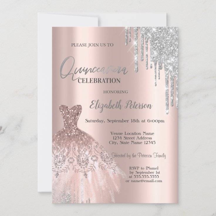 Silver Glitter Drips,dress Rose Gold Quinceañera Invitation 